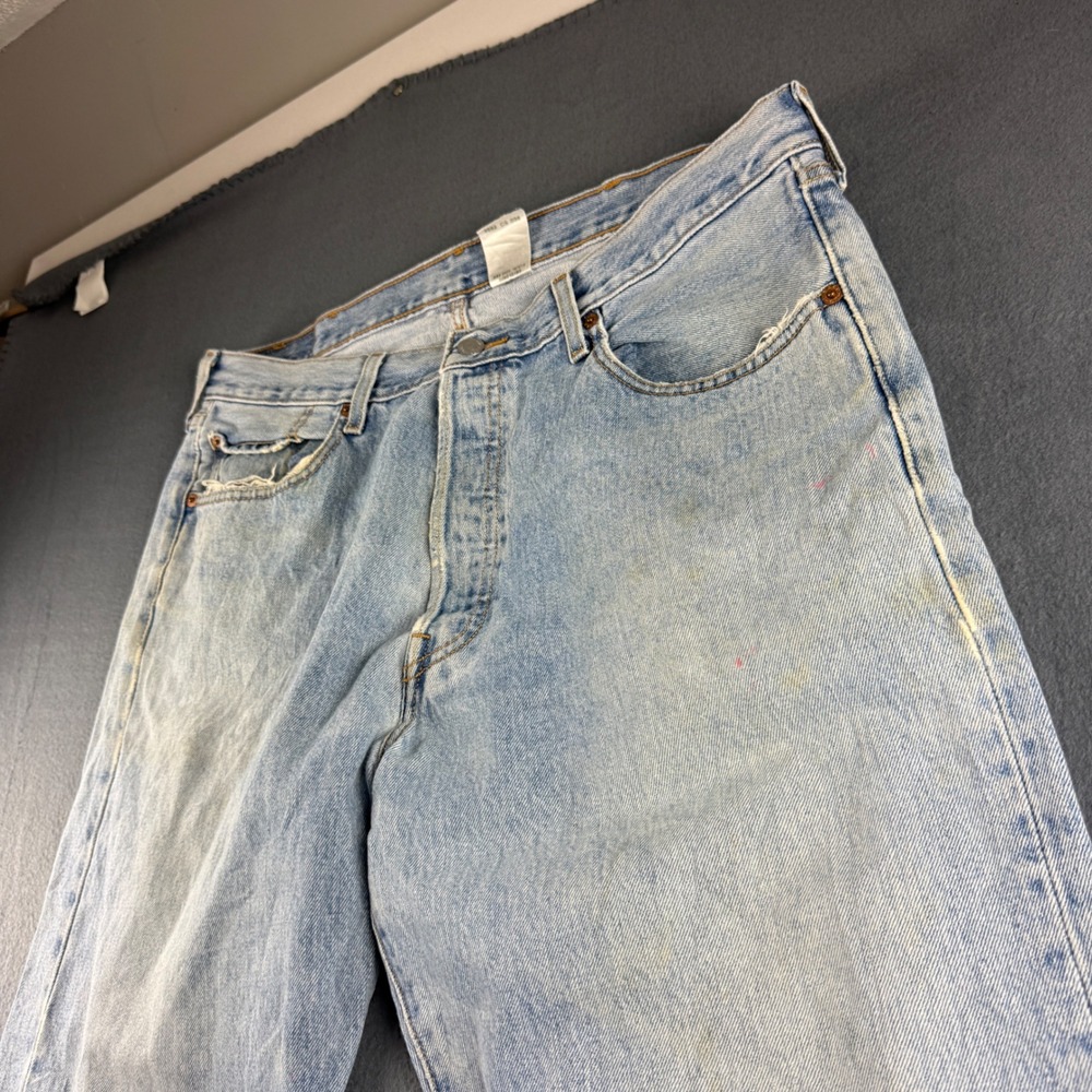 Levis 501 Jeans Men's 38x32 Blue Light Wash Distressed Straight Leg Regular Fit